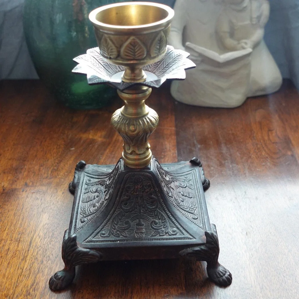 Vintage‎ Ornate Brass Cast Iron Candle Holder Claw Foot Victorian Gothic 9in